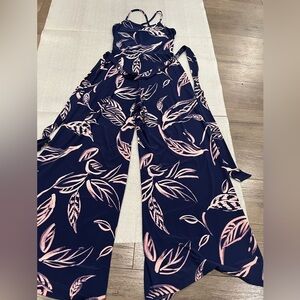 [XS]Tori Richards Honululu Navy and Pink Leaf Print Avery Wide Leg Jumpsuit